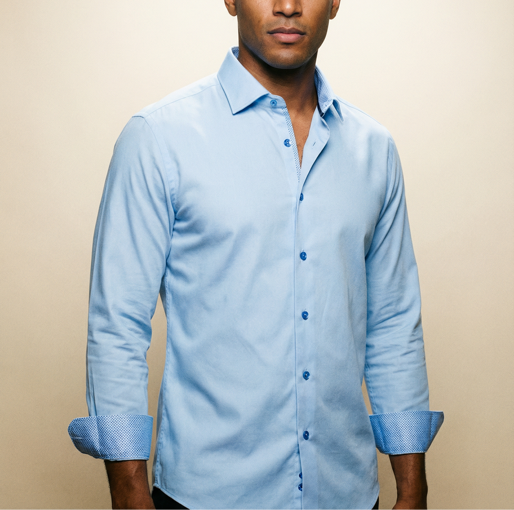 Joshua// Cotton Knit-Stretch Button-Up Shirt With Contrast Details // Blue // Tailored Fit (Fitted)